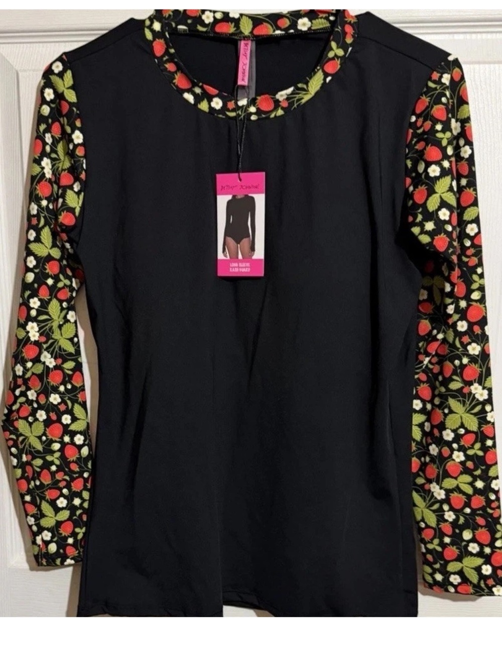Betsey Johnson Women's L Black Strawberry Floral Long Sleeve Rash
Guard Swim NWT